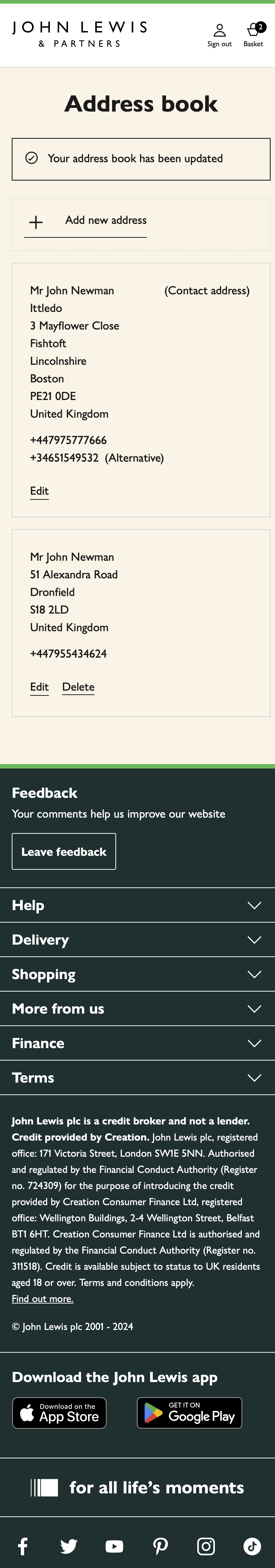 John Lewis’ Mobile Address Book 71 of 428 Address Book Examples